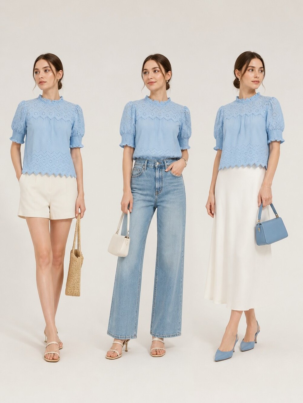 Light Blue Eyelet Puff Sleeve Blouse